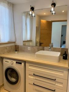 ein Badezimmer mit Waschbecken und Waschmaschine in der Unterkunft Pantouflard - Maison entière in Toucy