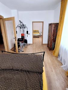 a bedroom with a bed and a room with a mirror at Ferienwohnung Annaberg-Buchholz,5 in Annaberg-Buchholz