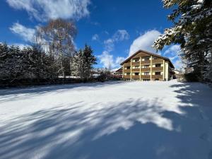 un patio cubierto de nieve frente a una casa en WALDNEST - Apartment Seefeld, en Seefeld in Tirol