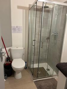 a bathroom with a toilet and a glass shower at Studio Capelet in Vichy