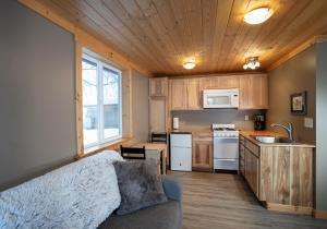 a living room with a couch and a kitchen at Downtown Talkeetna Cabin! Chulitna Cabin in Talkeetna