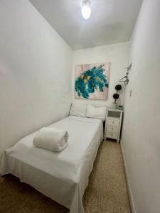 a small white bedroom with a bed and a nightstand at Tropical Oasis in Miami