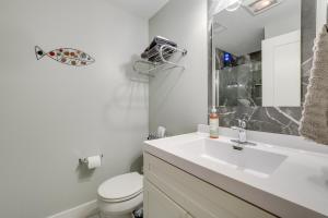 a bathroom with a sink and a toilet and a mirror at Walk to Shops on Front Street Traverse City Condo in Traverse City +16 photos