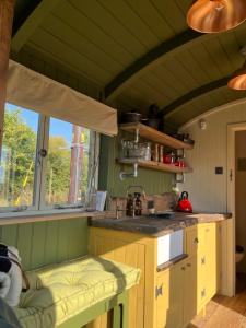 ウッドブリッジにあるBramley Cabin Suffolk Relaxing Getawayのキッチン(カウンター、シンク、窓付)