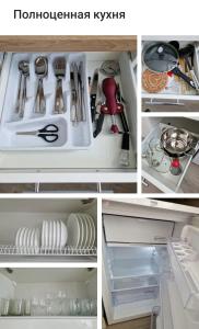 a refrigerator filled with lots of dishes and utensils at Studio seaside apartment in Liepāja +9 photos