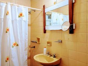 a bathroom with a sink and a shower curtain at Casita del Centro in San Clemente del Tuyú +31 photos