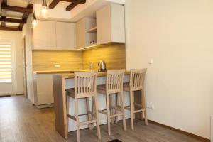 a kitchen with a counter and stools in a room at Preilos Vėtra in Preila