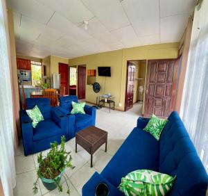 a living room with blue couches and a table at Blue House with Pool and Air-Conditioning in Puerto Jiménez +38 photos