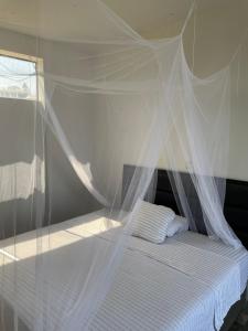 ein Bett mit einem Netz darüber in der Unterkunft Don Amado in La Bocana