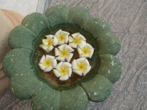 a green flower with white and yellow flowers on it at Southern Villa in Bentota