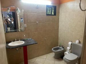 a woman taking a picture of a bathroom with a toilet and sink at Bungalow Sobre Ruedas Viento Potro in San Miguel del Monte +10 photos
