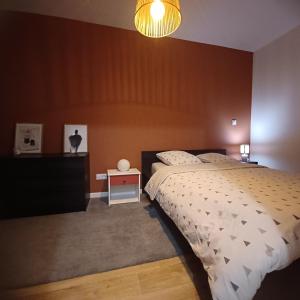 a bedroom with a bed and a chandelier at Maison de ville - terrasse sud, a 10 min des plages in Saint-Brieuc