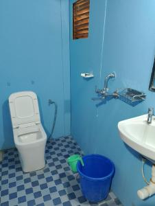 a blue bathroom with a toilet and a sink at Lamarine Morjim Beach cottages in Old Goa