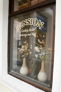 two vases in the window of a store at Apartmany Cesky Dvur in Mariánské Lázně