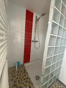 Bilik mandi di Chambre safari individuelle avec partie commune A 6min de l A26 et 15 min de stOmer, lumbres et aire sur la lys