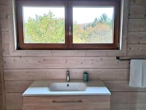 ゾウルツマットにあるDomaine la Clairière Le Chêne Grande maison avec Sauna Terrasse Brasero et baby-footの洗面台と窓のあるバスルーム +27枚の写真