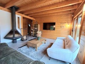 ゾウルツマットにあるDomaine la Clairière Le Chêne Grande maison avec Sauna Terrasse Brasero et baby-footのソファと暖炉のあるリビングルーム