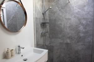 une salle de bain avec une douche avec un lavabo et un miroir dans l'établissement Appartement cosy Vieil Antibes, à Antibes 8 autres photos