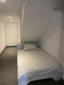 Un dormitorio con una cama en una habitación blanca. en Ferienwohnung Biggesee, en Drolshagen