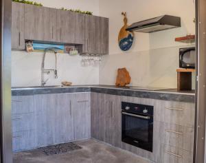 a kitchen with gray cabinets and a sink at Tehei Beach House Wifi AC Beachfront Sunset in Punaauia