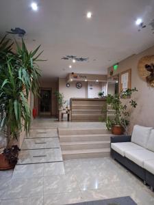 an office lobby with a couch and potted plants at STELA in Nesebar
