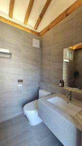 a bathroom with a toilet and a sink at Korean Chalet 소연정 Hanok stay in Andong