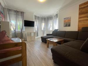 a living room with a couch and a table at Apart Mittelstation Nord Buxacher Straße 23 mit bikerental in Memmingen