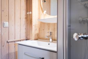 ノイシュタット・イン・ホルシュタインにあるObjekte im Umland Hof Ruhleben Haus Muschelsucherの洗面台と鏡のあるバスルーム