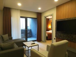 a living room with a couch and a television and a bed at Questa Deluxe Hotel in Trabzon