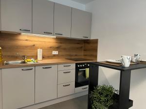 a kitchen with white cabinets and a black counter top at modernes Apartment in guter Lage in Ingolstadt