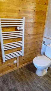 a bathroom with a toilet and a wooden wall at Chalet détente in Montaut +14 photos
