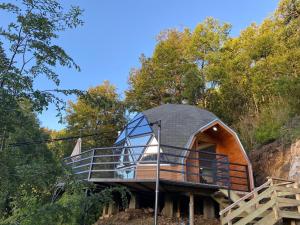 a tree house with a metal roof at Domos Mahuida in Las Trancas
