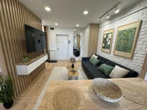 Una sala de estar con un sofá y un televisor. en Designers Apartment - chic choice for the stay, en Iaşi