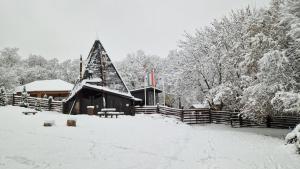 a cabin covered in snow with a fence and trees at Zöld Relax Apartments in Budakeszi