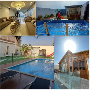 a collage of four pictures of a swimming pool at اكواخ السمو الريفيه in Khalij Salman +21 photos