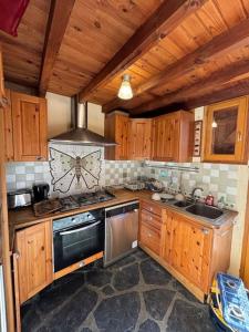 a kitchen with wooden cabinets and a stove top oven at Chalet de l'Ours - Pla d'Adet in Cadeilhan-Trachère +31 photos