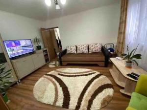 a living room with a couch and a rug at Apartament confortabil in Luduş