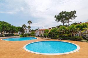two swimming pools in a yard with palm trees at Cantinho da Carminho in Amoreira