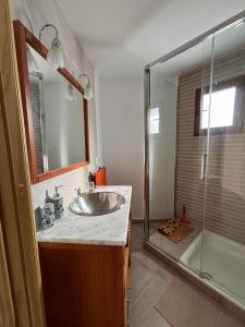 モナチルにあるLa casa de Miguel Chinicasの洗面台とシャワー付きのバスルーム