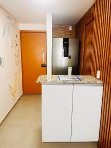 Flat Praia dos Carneiros Tamandaré في تامانداري: مطبخ مع سطح عمل وثلاجة