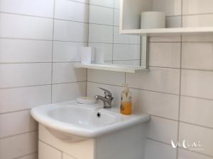 a white bathroom with a sink and a mirror at Apartment Velini in Zagreb