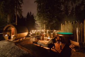 a garden at night with a dog sitting on a bench at The Sopa - heritage premium houses in Zakopane