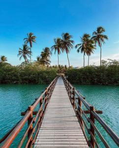 a wooden bridge over a body of water with palm trees at Suítes Ventos e Velas Praia in Pôrto de Pedras