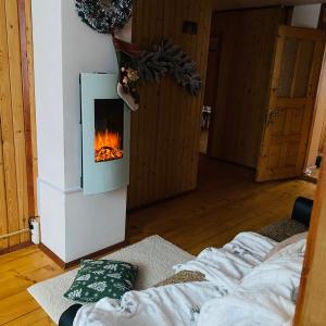 sala de estar con chimenea en la pared en Басейн з підігрівом! Batkivska Svitlitsa NEW Без господарів, en Slavske