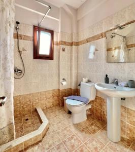 a bathroom with a toilet and a sink and a shower at Marinos Studios and Apartments in Gialiskari