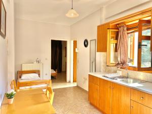 a kitchen with wooden cabinets and a table and a dining room at Marinos Studios and Apartments in Gialiskari