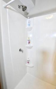 a bathroom with a shower with white walls and a shower at Lake Avenue Apartment in Cleveland +32 photos