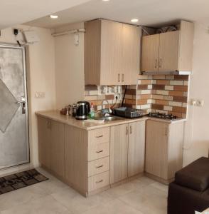 una piccola cucina con armadi in legno e lavandino di Lily`s Loft a Yerevan