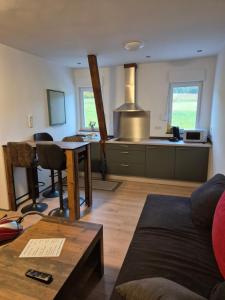 a living room with a couch and a kitchen at Guesthouse Wallenborn - Appartement in Wallenborn +14 photos