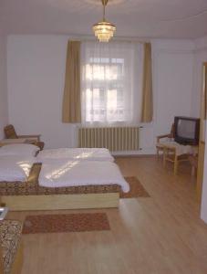 een slaapkamer met een bed, een raam en een televisie bij Corvin Panzio in Győr